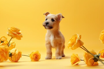 Canvas Print - A small dog is standing in front of a bunch of yellow roses