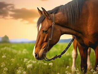 Wall Mural - A brown horse is grazing in a field with a white patch on its face