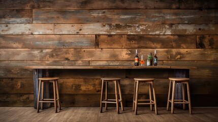 Sticker - A wooden bar with four stools and three bottles of beer on it