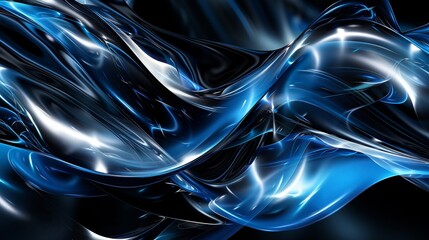 Poster - Elegant black and blue digital art displays dynamic abstract patterns, glossy metal effects, creating a futuristic vibe.