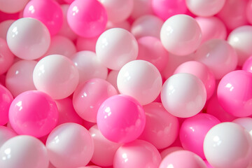 Poster - A bunch of pink and white balls are piled on top of each other. The pink and white balls are arranged in a way that creates a sense of depth and texture. The image conveys a playful and fun mood