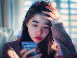 Wall Mural - Worried pretty Asian girl looking at mobile phone, confused young woman reading message and holding her head, expression concept background, diverse people