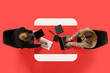© Lustre Art Group  - Creative collage. Two young women sit at common table with documents and conduct interview against red studio background. Concept of business, work, job, meeting, office. Copy space. Ad