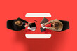 © Lustre Art Group  - Top view. Two young business ladies sitting at common table with documents and discussing work issues against red background. Concept of business, work, job, meeting, office. Copy space. ad