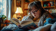 A woman with Down syndrome reading a book in a cozy living room. Learning Disability