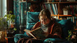 A woman with Down syndrome reading a book in a cozy living room. Learning Disability
