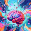 A vibrant artwork featuring a colorful brain with floating music notes, representing the creative and musical aspects of cognitive processes.