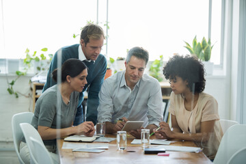 Poster - Teamwork, meeting and business people on tablet in office for planning, collaboration or idea. Coworkers, professional and group of diverse staff by technology for brainstorm, research or discussion