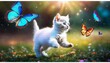 © video rost - A playful kitten with bright blue eyes frolics in a sunlit meadow, surrounded by fluttering butterflies in a scene of innocence and delight.