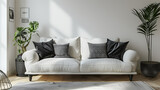 Fototapeta Kosmos - Interior of living room with white sofa and black pillows 3d rendering, Ai, modern minimalist interior design of living room with white sofa, black pillows and white wall.