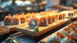 Upscale sushi bar with masterfully crafted rolls adorned with salmon and caviar