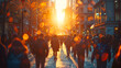 Crowds of people walking on a city street, bathed in the warm, golden light of a setting sun