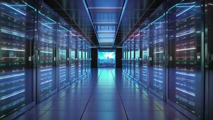 Poster - Server room data center. Blue toned. 3D Rendering, Server room in data center. 3d rendering. Computer digital image, AI Generated