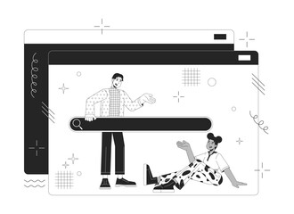 Poster - Communication technology 2D linear illustration concept. Web site diverse users searching data cartoon characters isolated on white. Internet data sources metaphor monochrome vector art