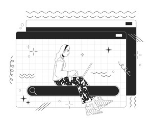 Poster - Seeking data online 2D linear illustration concept. Woman searching information via laptop cartoon outline character isolated on white. Web sources usage metaphor monochrome vector art