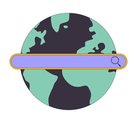 Poster - Search bar on globe 2D linear cartoon object. International internet browser. Global network isolated line vector element white background. Access to digital data color flat spot illustration