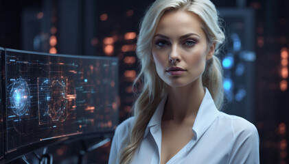 Serious concentrated attractive woman thinking about data analytics, digital technology. Programmer programming cybersecurity research and IT