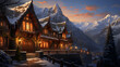 church in the mountains at nightChristmas village with Snow in vintage style at night. Winter village landscape with Christmas tree with lights. Christmas Holidays. Christmas Card illustration.