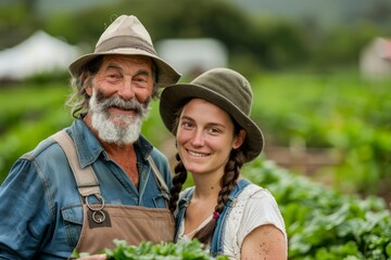 Smiling Senior Farmer with Young Female Apprentice Posing in Lush Green Organic Farm with Fresh Produce