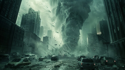 A cinematic portrayal of a tornado striking a city, with cars and debris caught in the powerful wind under dark and stormy skies.