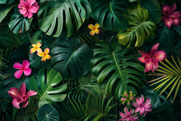 Wall Mural - A lush green jungle with a variety of flowers, including pink and yellow ones. Concept of abundance and natural beauty