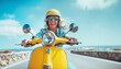 Embracing Life's Journey: laughing middle aged woman on yellow motor Scooter riding beach street road, Celebrating Retirement Benefits, Joyful Adventures.Happy elder retired people and travel concept