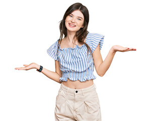 Sticker - Young beautiful caucasian girl wearing casual clothes smiling showing both hands open palms, presenting and advertising comparison and balance