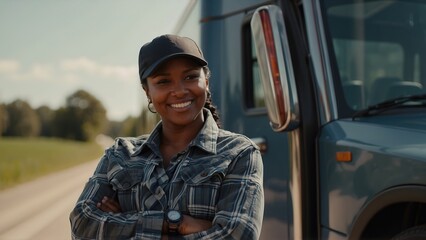 Black female truck driver standing in front of his truck, arms crossed