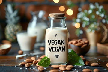 Wall Mural - A glass bottle of almond milk with the label VEGAN on a wooden table, the container surrounded by nuts. Concept: vegan dairy products, environmentally friendly nutrition.