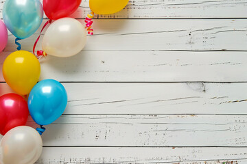 Holiday background with balloons on white wooden background