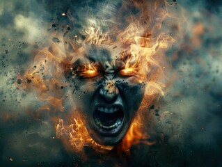 One screaming man, illustration, fiery backdrop, copy space. Anguish, conflict emotional breakdown, severe aggression