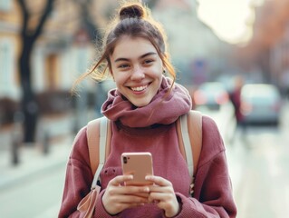 A young European woman with a joyful expression using a smartphone on a city street, with a soft-focus background