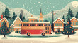 Retro-styled illustration of a snowy village with a decorated bus during the holiday season