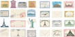 Cachets and postmarks with different landmarks illustrations