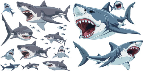 Wall Mural - Scary jaws and ocean swimming angry sharks