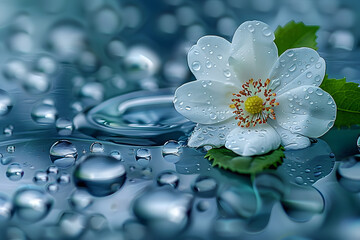 Canvas Print - a white flower sitting on top of a blue surface with water droplets on the surface and a green leaf sticking out of the center of the flower.