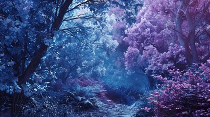  Journey through a surreal blue and purple landscape with enchanting whispers.