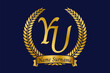 Initial letter Y and U, YU monogram logo design with laurel wreath. Luxury golden calligraphy font.