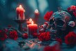 burning red candles, red roses and decorative skull sculpture. 