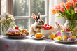 Ostern Tisch Dekoration süßen Hasen und bunten Blumen und Ostereiern, Kuchen und Getränke