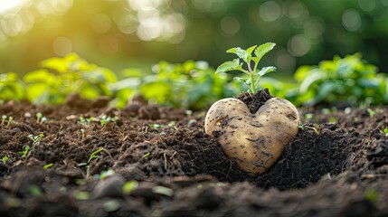 A heart-shaped stone rests beside a tiny sprout pushing through garden soil in springtime A heart-shaped stone rests beside a tiny sprout pushing through garden soil in springtime