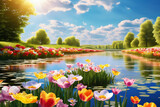 Fototapeta Sypialnia - Frühlingswiese mit See, Blumen und Gräsern im Sommer