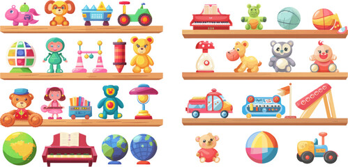 Poster -  Funny animal baby piano constructor girl doll and ball robot plush bear colorful vintage elements for child joy