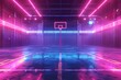 A futuristic depiction of an empty basketball court illuminated by vibrant neon lights, pulsating with energy and casting a dynamic glow over the entire scene , low noise