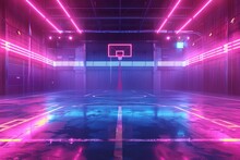 A Futuristic Depiction Of An Empty Basketball Court Illuminated By Vibrant Neon Lights, Pulsating With Energy And Casting A Dynamic Glow Over The Entire Scene , Low Noise