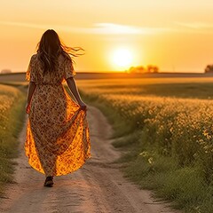 Poster - A woman is walking down a dirt road in a field