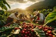 Coffee plantation during harvest, workers picking coffee cherries