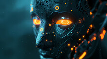 Artistic Depiction Of A Mysterious Robotic Figure With Glowing Eyes And Intricate Cybernetic Enhancements, Lurking In The Digital Shadows As A Skilled Hacker
