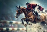Fototapeta Kwiaty - A horse is jumping over a hurdle in a race