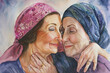 Painting depicting two mature women embracing in a warm hug, showing closeness and affection after defeating cancer